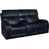 Glenwood Power Recline Console Loveseat w/ Lay Flat, Head Rest & Lumbar in Blue Top Grain Leather